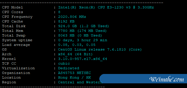 梦飞香港新界服务器带宽路由测试及跑分
