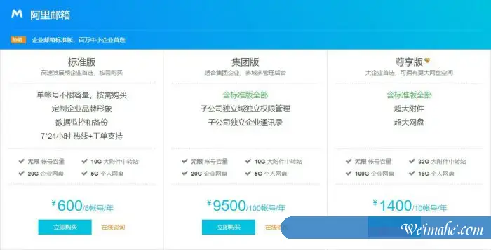 阿里云企业邮箱版本对比:阿里云邮箱空间账号数及价格对比 阿里云企业邮箱版本对比:阿里云邮箱空间账号数及价格对比