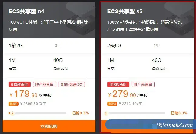 阿里云618活动推荐：2核8G云服务器ECS共享型s6优惠价279元/年