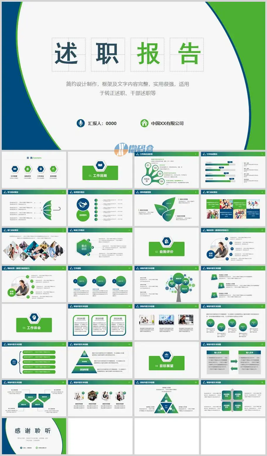 蓝绿简约设计述职报告PPT模板