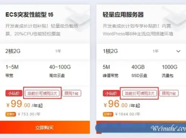 阿里云服务器99一年,2核2G突发性能型t6仅99元/年