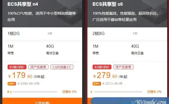 阿里云618活动推荐:2核8G云服务器ECS共享型s6优惠价279元/年